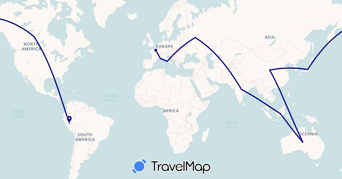 TravelMap itinerary: driving in Australia, Canada, China, France, Indonesia, India, Italy, Japan, Peru, Russia (Asia, Europe, North America, Oceania, South America)